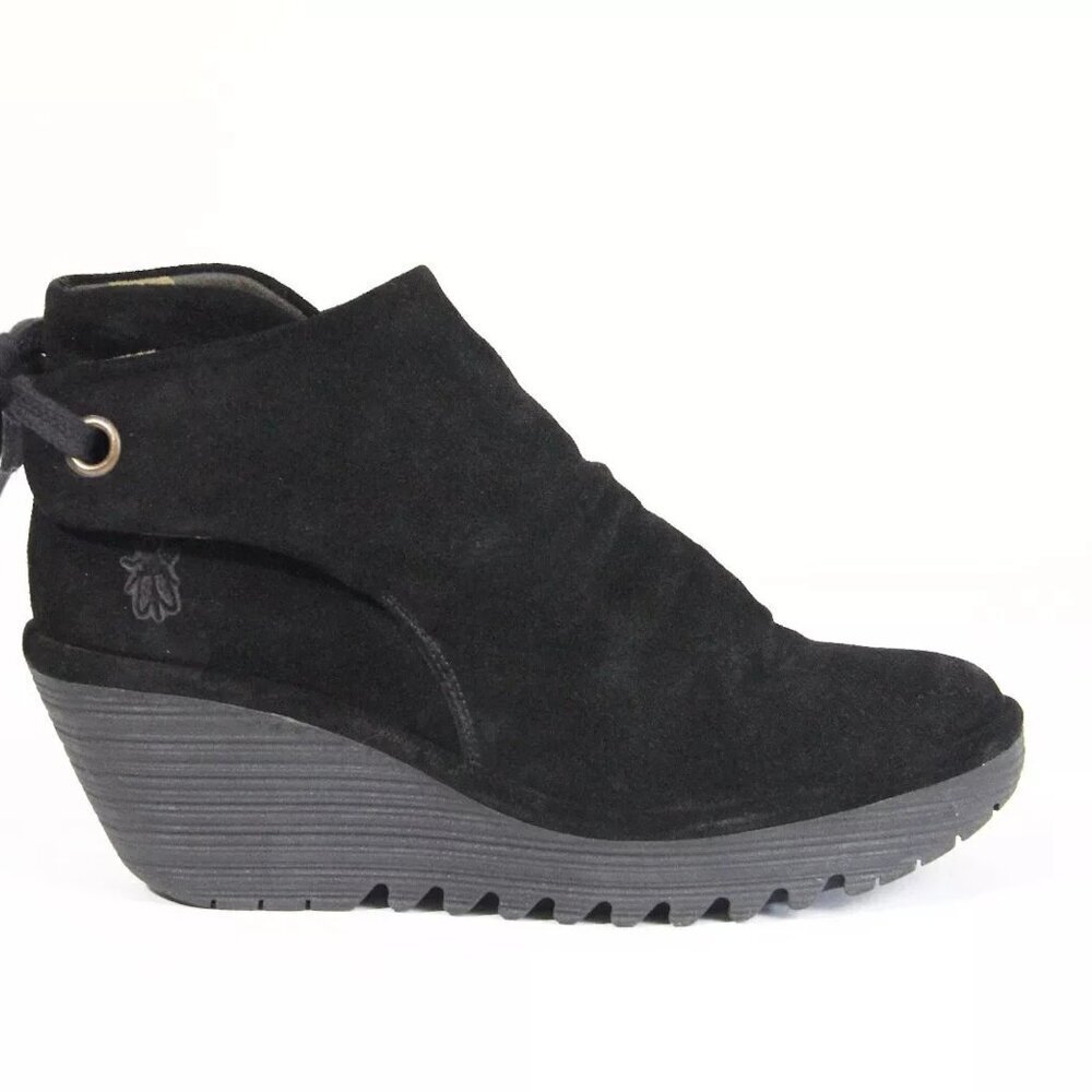 FLY LONDON Yebi Boots Ankle Bootie Suede Platform Wedge Heel
